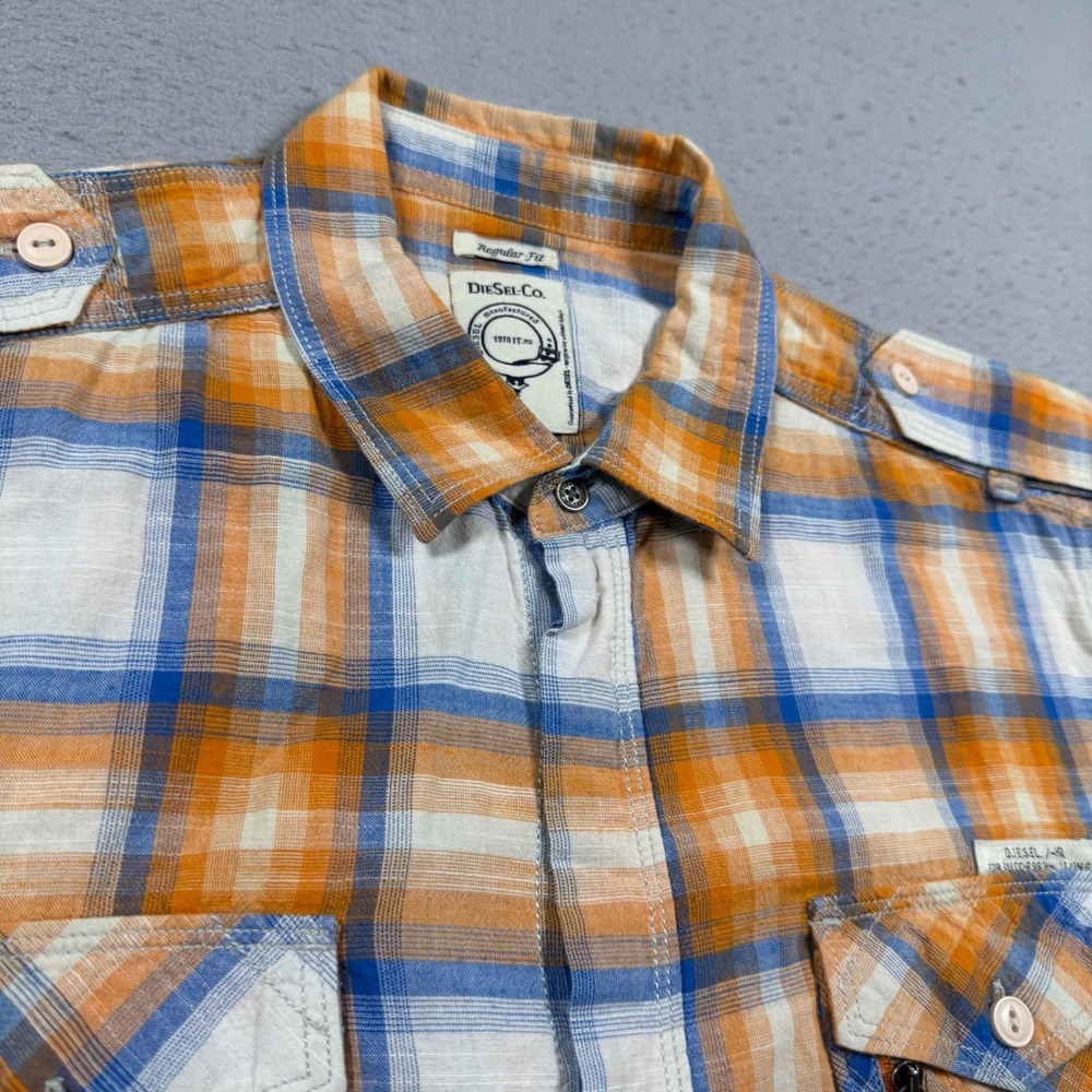 Diesel Co Mens Short Sleeve Plaid Button Up Shirt Orange Blue Cotton Large